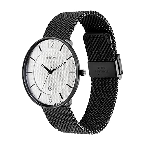 Image of Titan Minimalist Quartz Analog with Date White Dial Black Stainless Steel Strap Watch for Men - NT1849NM01