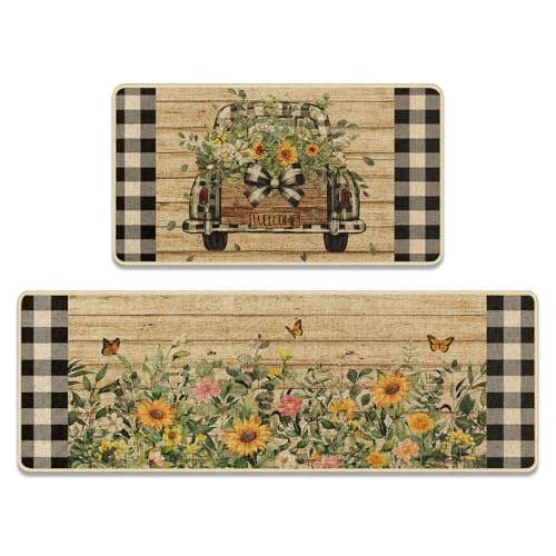 Tayney Summer Sunflower Truck Kitchen Rugs and Mats Non Skid Washable Set of 2, Black and White Buffalo Plaid Mats for Floor, Brown Wooden Runner Rug Farmhouse Rustic Kitchen Decor