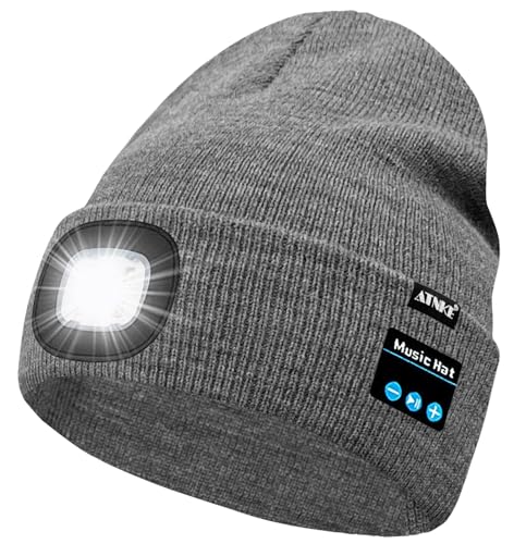 ATNKE LED Lighted Bluetooth Beanie Hat,USB Rechargeable 4 LED Wireless Music Running Headlamp Cap Gift for Men and Women/#Grey