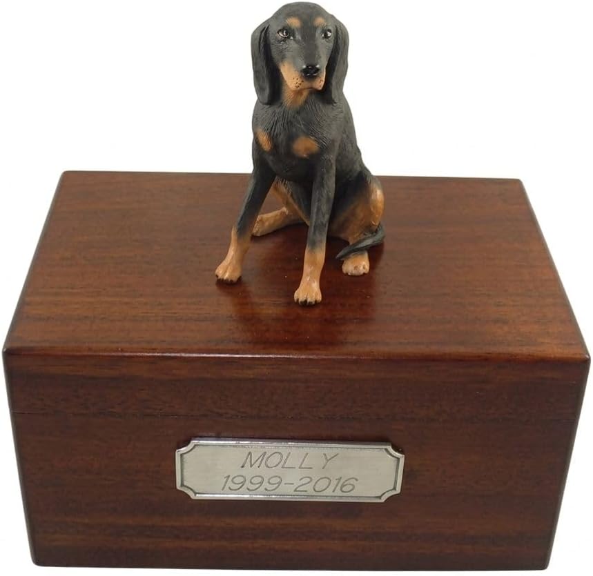 Beautiful Paulownia Medium Wooden Urn with Black & Tan Coonhound Figurine & Pewter Personalized Engraving
