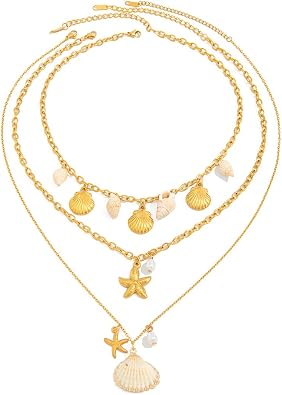 Gold Shell Necklace for Women Charm Ocean Summer Beach Jewelry Stainless Steel Starfish Chain Necklace Boho Shell Pearl Jewelry Gift