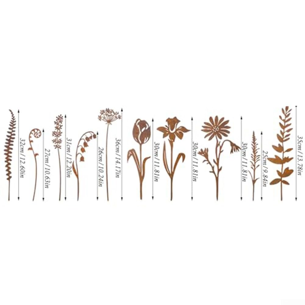 10 Pezzi Decorazioni da Giardino in Metallo Arrugginito, Fiori Rustici per Esterni, 10 Design Unici, Installazione a Pressione Senza Attrezzi, per Aiuole, Vasi, Sentieri, Cortile