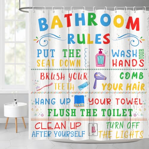 Image of Kids Bathroom Rules Shower Curtain Cute Colorful Quotes Wood Planks Words Funny Teen Boy Girl Restroom Bathtub Decor Waterproof Cloth Fabric 72Lx72W inch with 12PCS Hooks