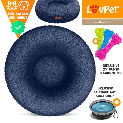 Lovpet® Hundebett Hundekissen Katzenbett Bagel, Waschbar, Inkl. Napf + 3X Kauknochen, Hundesofa flauschig Kissen Rund aus Plüsch für Kleine, Mittelgroße & Große Hunde, Katzen [3XL, Ø 100cm Navyblau]
