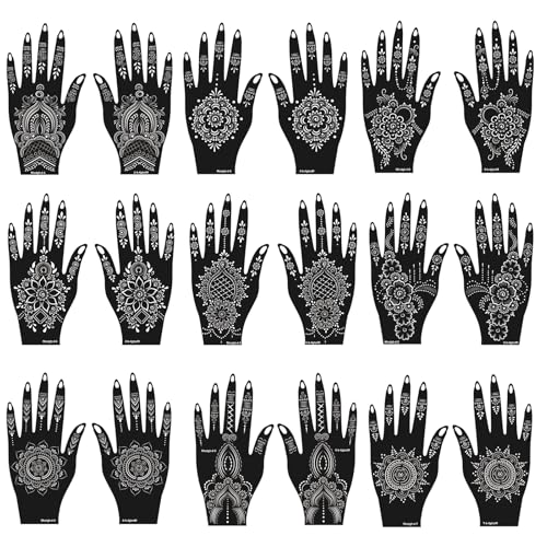 Mzstgh Henna Tattoo Stencils Kit, 18 Sheets Self-Adhesive Templates, Indian Mehndi Designs for Hands, Traditional Body Art