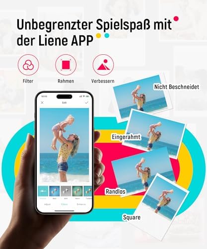 Bild 4 - Liene Pearl K100 Mini Fotodrucker für Smartphone(5x7,6cm) - mit 50 Blatt Zink-Fotopapier mit Kleberückseite, 300DPI Bluetooth Sofortbilddrucker kompatibel mit iOS & Android, Integrierter Akku