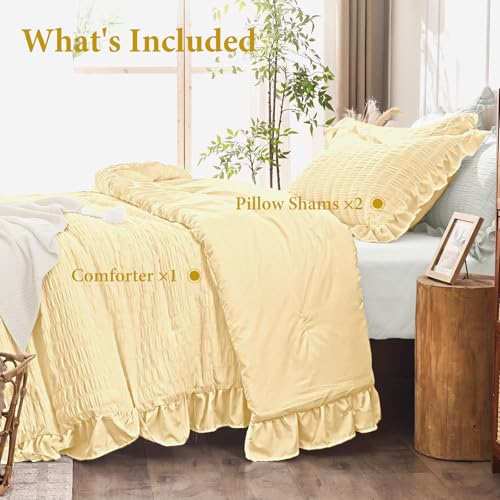 Image of JOLLYVOGUE King Size Comforter Set, 3 Pieces Light Yellow Seersucker Comforters King Size, Lightweight & Fluffy Bedding Sets King for All Season with 1 Ruffle Comforter and 2 Ruffle Pillowshams