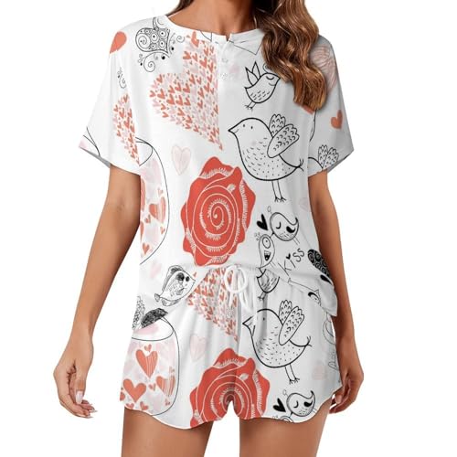 Pyjama court fleurs d'oiseau chat pour femme | Ensemble d'été
