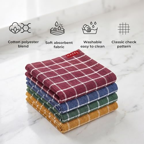 Image of HAZEL Cotton Kitchen Towel Set of 4 | Reusable Kitchen Cleaning & Dunsting Napkins & Table Napkins for Daily Use