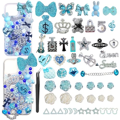 hitwty Junk Case Charms DIY Kit with Bows Stars Butterfly For DIY Clear Phone Charm Y2K Junk Phone Case Charms Kit Cute Decorative For Customizing Craft Accessories Blue
