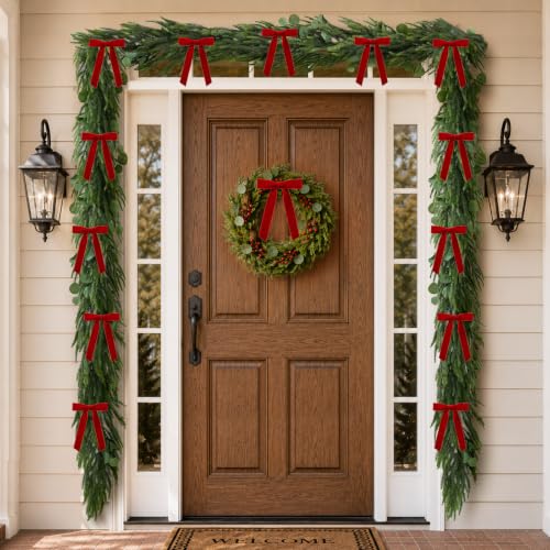 Christmas Decorations, 6FT Norfolk Pine Garland with Red Velvet Ribbon Bows DROPS TO - image 6