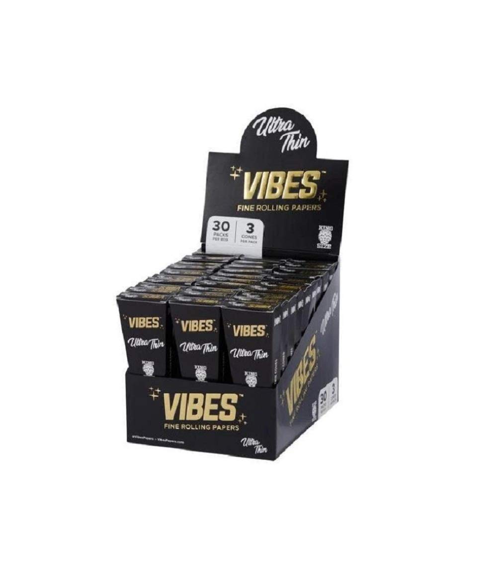 Vibes Ultra-Thin Pre-Rolled Cones (90 Cones) - King Size, 30-Pack Display Box, Chlorine-Free Technology, and Convenient Packing Tool Included