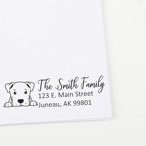 Miniatura 3 de Sello de dirección de casa Dogo Argentino preentintado  Diseño de Dogo Argentino Peeking Puppy Disponible en 5 colores de tinta vibrantes, tamaño