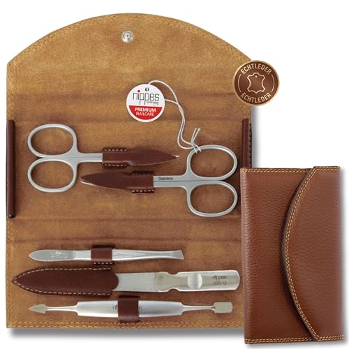 nippes Solingen Classic Premium-Maniküre Set, 5-teilig, Echtes Rindsleder-Nageletui, braun, Edelstahl nickel- & rostfrei, Nagelpflege Set, Made in Solingen/Germany