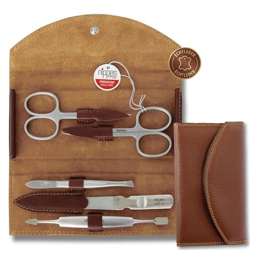 Nippes Solingen Maniküreset Classic, 5-teilig, Edelstahl rost- und nickelfrei, Echtes Rindleder-Etui mit Druckknopf, Nippes Premium Line, Braun