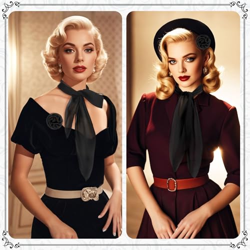 GERINLY Elegant Chiffon Neck Scarf Women, Solid Color Skinny Hair Scarf with Detachable Flower Clip for Costume3
