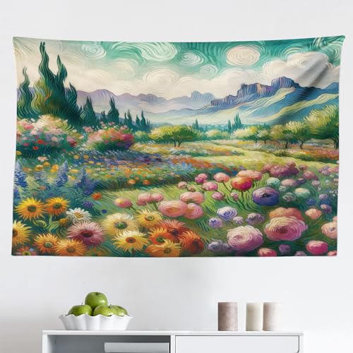 Ambesonne Green Tapestry, Spring Meadow Scene Floral Prairie Dramatic and