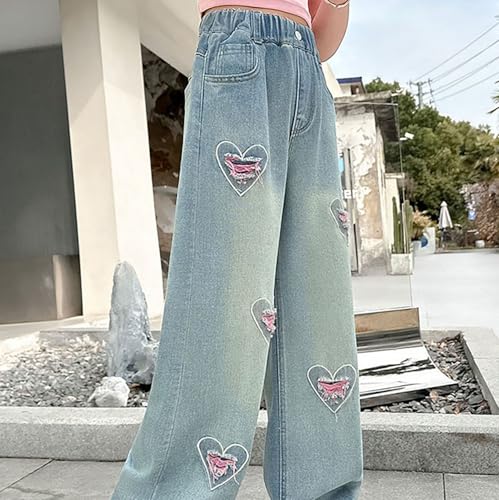 Teen Girls Heart Embroidery Baggy Jeans Wide Leg Elastic High Waist Denim Pants Stylish Cute Trousers for Kids Girls4