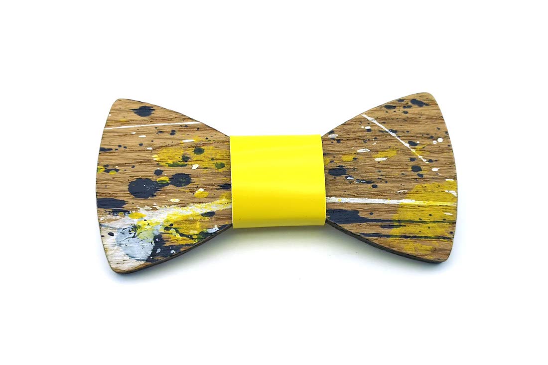 GIGETTO Papillon legno Made in Italy Serie Action Painting Nodo ecopelle giallo