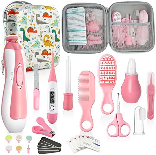 30 in 1 Baby Healthcare and Grooming Kit, Portable Baby Electric Nail Trimmer Set, Newborn Nursery Care Kit Baby Essentials with Baby Thermometer, Medicine Dispenser, Haircut Tools, etc (Pink)