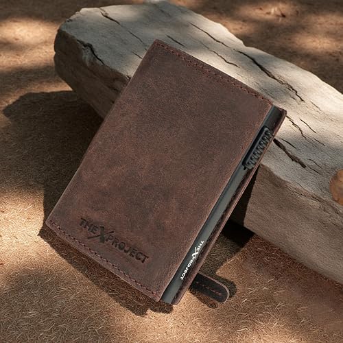 Image of The X Project Vaulton Trifold Wallet | Premium Genuine Leather | Aluminium Cardholder | Side Slide Pop-Up Card Ejector | Carry Up to 6 Cards and 1 Slot for Carrying Cash & Folded Bills (Brown)