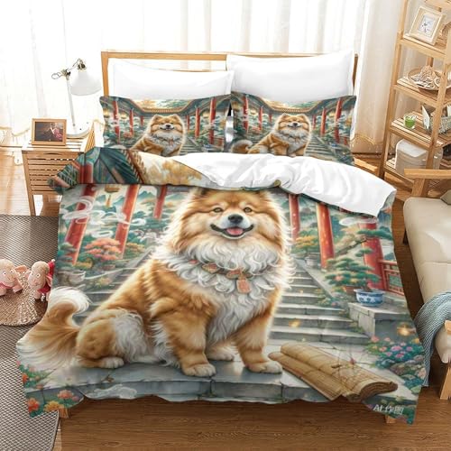 Housse de couette Pékinois 3D microfibre douce lit 2 personnes 220x240cm