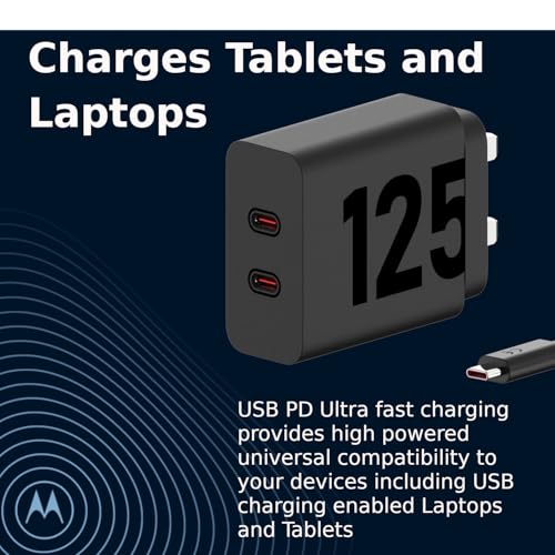 Motorola Chargers - Turbopower 125W Dual Port Gan Charger With 1M 6.5A E-Marked USB-C To USB-C Cable For High Powered Charging Compatible Phones And Laptops - 4