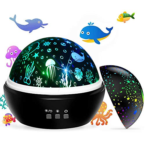 Newest Baby Kids Night Light Projector, Ocean and Stars Night Lights Projector Lamp, Rotating and Colorful Mood Nursery Soother Light for Baby Kids Boys Girls Toddlers Adults in Bedroom(Black)