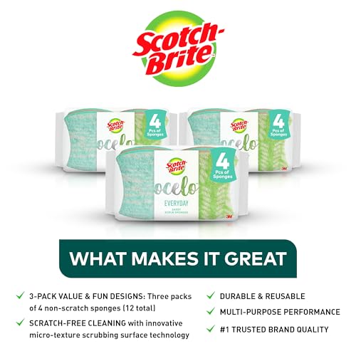Image of Scotch-Brite ocelo Non-Scratch Scrub Sponges, Assorted Designs, Scratch-Free for Nonstick Cookware & Dishes, Kitchen & Bathroom Use, Reusable Multi-Surface Cleaning Sponges (12 Count (Pack of 3))