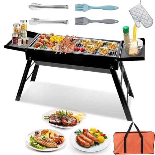 Parrilla de carbón para barbacoa, ahumador con estantes laterales, portátil, plegable, compacta, para acampar al aire libre, para 3 a 5 personas, para uso en jardín, playa, picnic y mesa