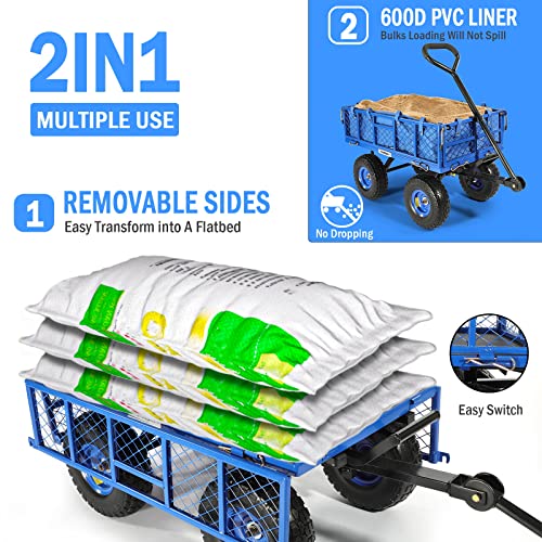 Yardsam Dump Garden Carts With Flat Free Tires, Heavy Duty Steel Dumping Garden Wagons With 400Lbs Capacity, Removable Sides, Pullable Handles, 10In All-Terrain Wheels, For Lawn Yard Farm, Blue #TOP4