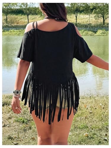 Women's Plus Size Cold Shoulder Fringe Tassel Cowgirl Graphic Short Sleeve Hippie Western T Shirt3