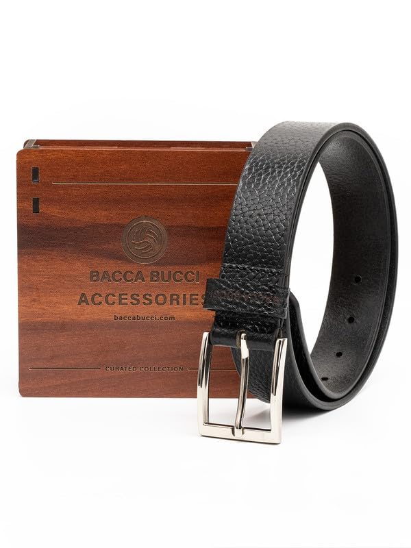 Image of Bacca Bucci Men's Leather Belt 35 mm for Formal & Casual Wear, Textured Black & Tan Strap with Metallic Pin Buckle, Classic Everyday Office Belt for Men