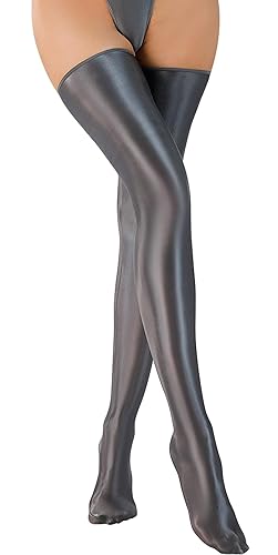 FEOYA Women's Opaque Oil Shiny Thigh High Stocking Glossy Pantyhose Silk Tights Sockings for Party Club - One Size - Gray