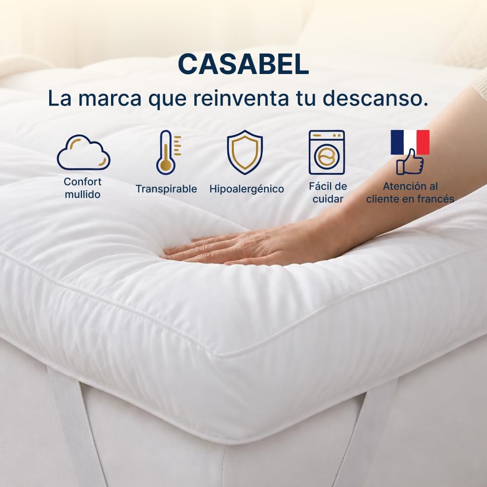 CASABEL Sobrecolchon 140x190, Topper Colchon de Microfibra Transpirable Extra Grueso, Antideslizante y Antialergico, Topper con 4 Bandas Elasticas