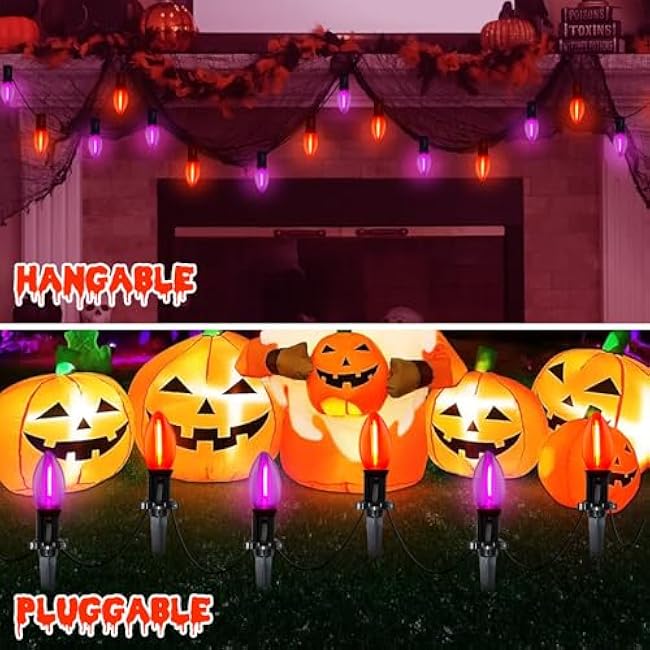 Halloween Pathway Lights, 10 Pack C9 LED Stake Lights with Purple & Orange Bulbs, 19.5ft Extendable Outdoor Walkway Lights for Garden, Yard, Driveway, Porch & Sidewalk Halloween Decorations
