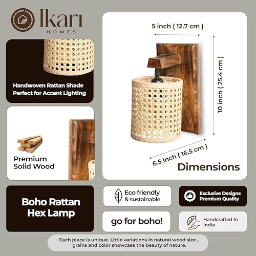 Image of Ikari Homes Rustic Wooden Wall Lamp I Cylindrical Raffia Shade I Vintage Wall Lamp I Boho Rattan Wall lamp for Bedroom /Balcony /Living Room /Outdoor /Entrance - Size 10 x 5 in (Rattan Hex Mesh)