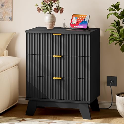 Image of BORNOON 30.5 inch Nightstand with Charging Station, 3-Drawer Fluted Bedroom Chest, Wood Bedside Dresser with Power Outlets and USB Ports, Metal Slides, Stable Base, Modern Storage Cabinet for Small Spaces