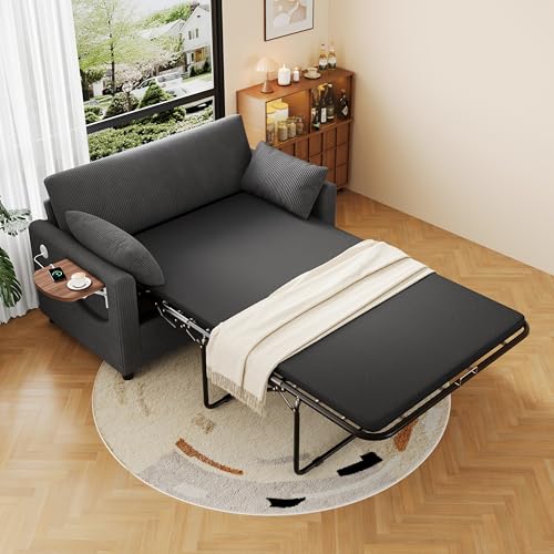 Sofá cama extensible gris de dos plazas con mesa plegable para salones pequeños 2