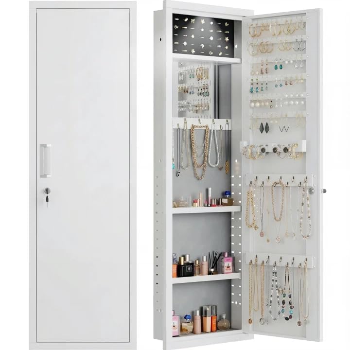 Image of Mirror Jewelry Cabinet, 47.24 inch Tall Lockable Wall Mounted Jewelry Armoire Organizer with Mirror and Magnetic Light, Christmas Gift, Jewelry Storage with Adjustable Shelves
