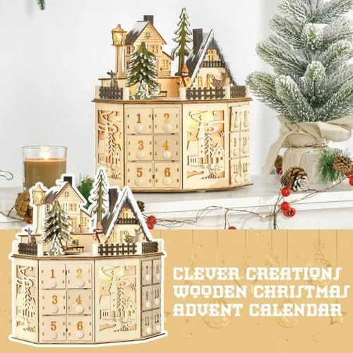Calendario dell'avvento natalizio in legno, calendario dell'Avvento in legno, con luci a LED, 24 cassetti, tavolo illuminato, decorazione natalizia per le vacanze, per bambini e adulti