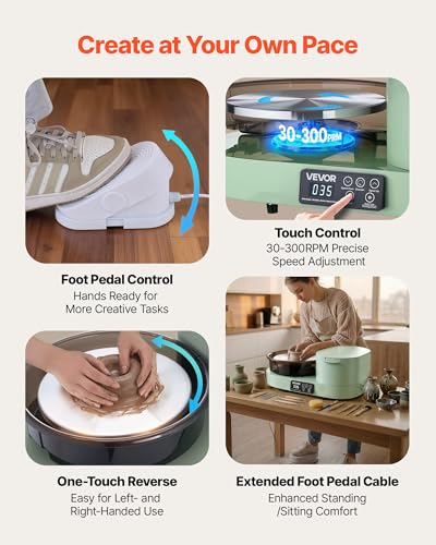 Image of VEVOR Pottery Wheel for Adults, 11 inch Aluminum Turntable, 450W Electric Table Top Pottery Wheel with Foot Pedal, 30-300 RPM Adjustable Speed, Aluminum Body, for Beginners, DIY Clay Art Craft, Green