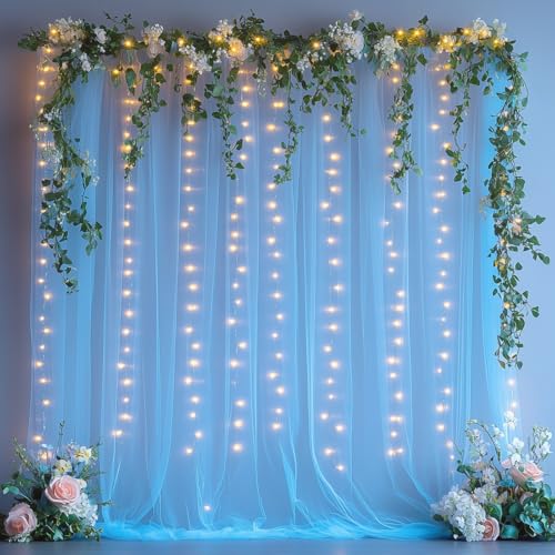 HOLITS Baby Blue Tulle Backdrop with Fairy Lights for Parites Wrinkle-Free Sheer Curtain Drapes Photo Back Drop for Wedding Baby Shower Bridal Shower Birthday Dance Home Décor- 10ft×8ft, Baby Blue