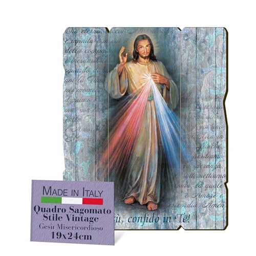 Fratelli Bonella – Cuadro Jesús Misericordioso recortado vintage de madera de álamo, 8 mm, para dormitorio 19 x 24 cm – 100% fabricado en Italia