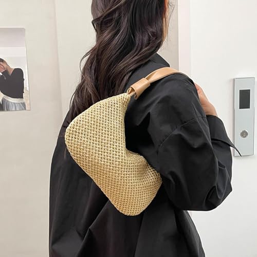 Bolsa de palha de ombro para mulheres, bolsa tote para mulheres, bolsa de mão, bolsa de ombro, bolsa de viagem, bolsa de praia, bolsa de verão, bolsa tecida, Marrom