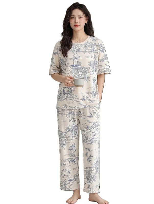 Women Korean Style Printed Lounge Set Soft Cotton Feel Relaxed Shirt with Matching Pyjama Night Suit-image-27
