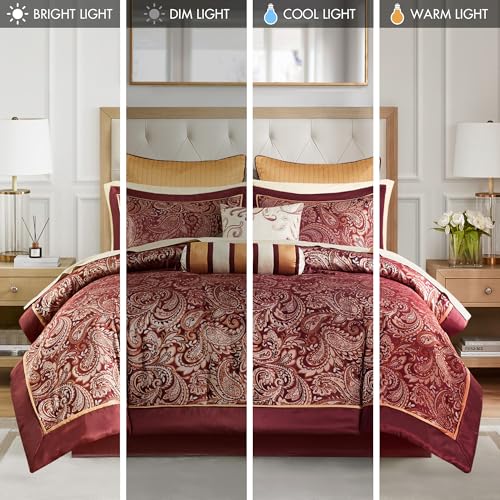 Image of Madison Park Aubrey Cozy Comforter Set, Faux Silk Jacquard Paisley Design - All Season Down Alternative Bedding with Cotton Bed Sheets, Bed Skirt & Toss Pillows, California King Red 12 Piece