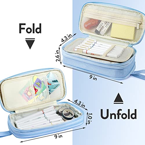 Wemate Large Pencil Case, Foldable Pencil Pouch With Zipper Compartments & Handle, Aesthetic Pencil Case For Adults, Pencil Bag Pen Case For Office Light Blue #TOP2