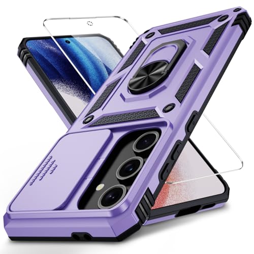Weycolor for Samsung Galaxy S24 FE Case with Camera Lens Cover, HD Screen Protector, 10 FT Military Grade Drop Protection, Magnetic Ring Holder Kickstand Protective Phone Case, Lavender