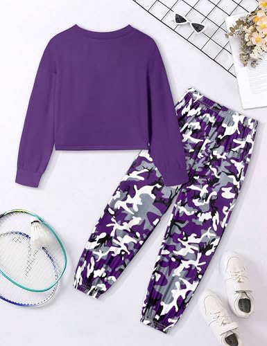 Image of NECIOUS Girls Fall Outfits 2 Piece Fashion Twist Front Pullover Sweatshirt and Camo Pants Clothing Sets 5-14Y